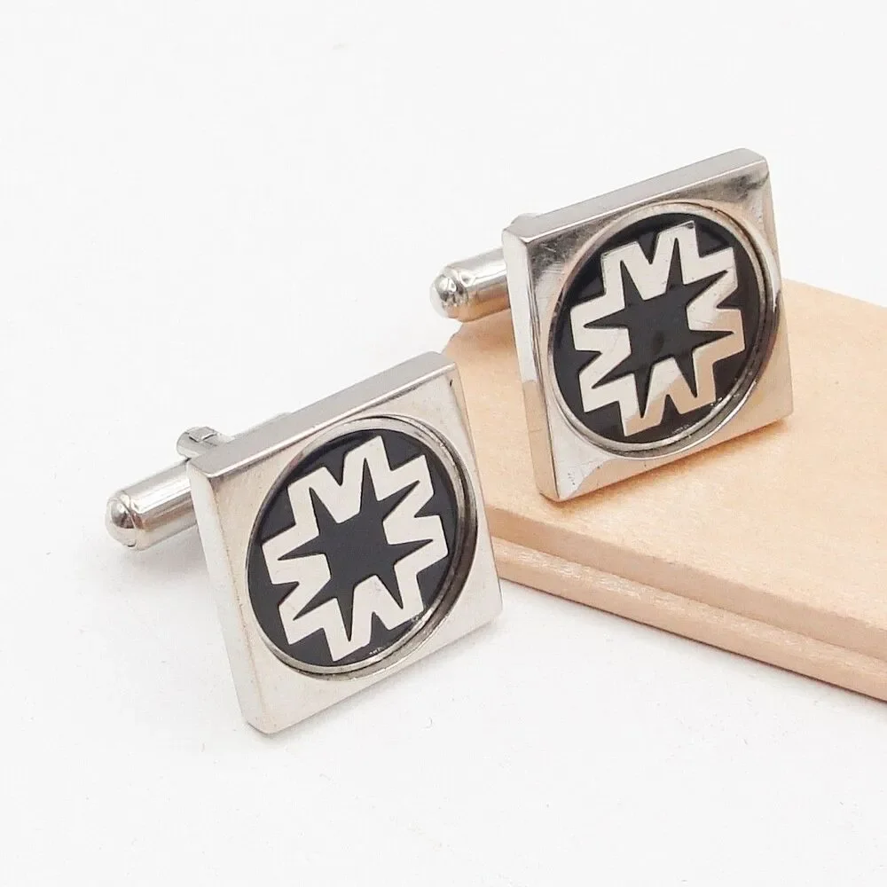 Vintage Silver Tone Square Geometric Starburst Cufflinks Black Enamel Industrial